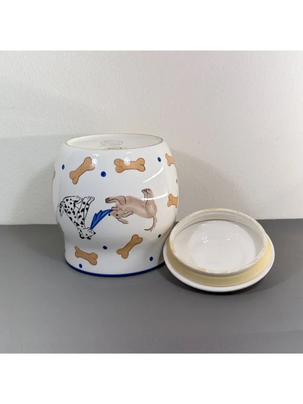 Vintage Ceramic Dog Treat Jar Dalmatian Bones Polka Dot Inspirado Canister 9.5